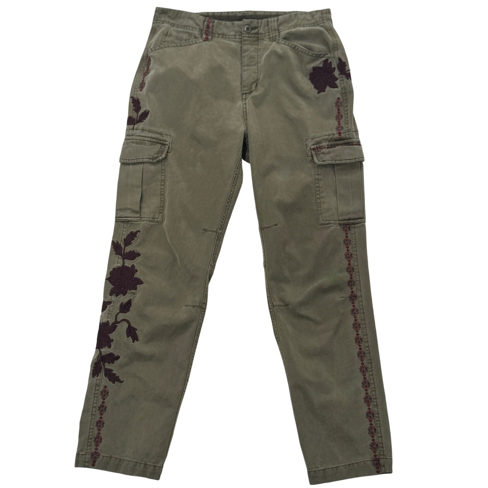 Sundance Womens Floral Embroidered Cargo Pants Sz 8 Olive Straight Leg Outdoor